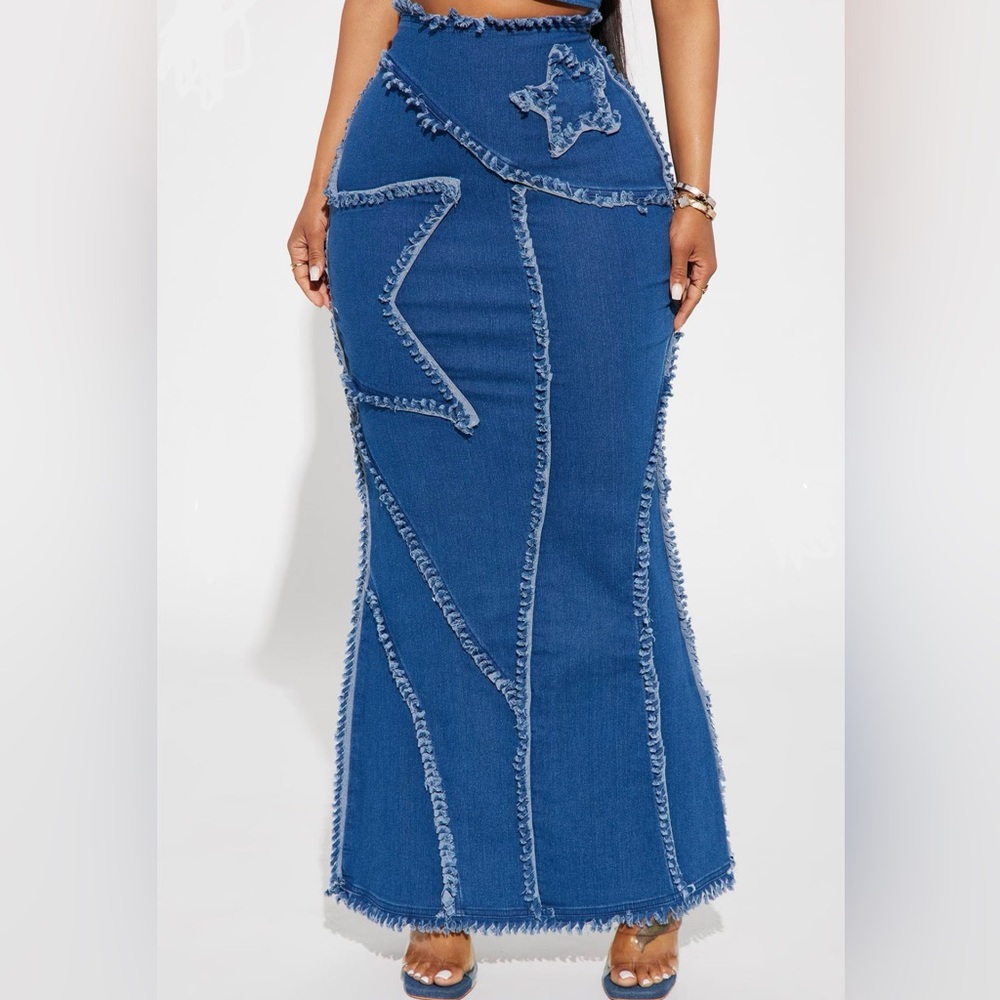 Denim Stars Patchwork Frayed Denim Maxi Skirt Mermaid XL